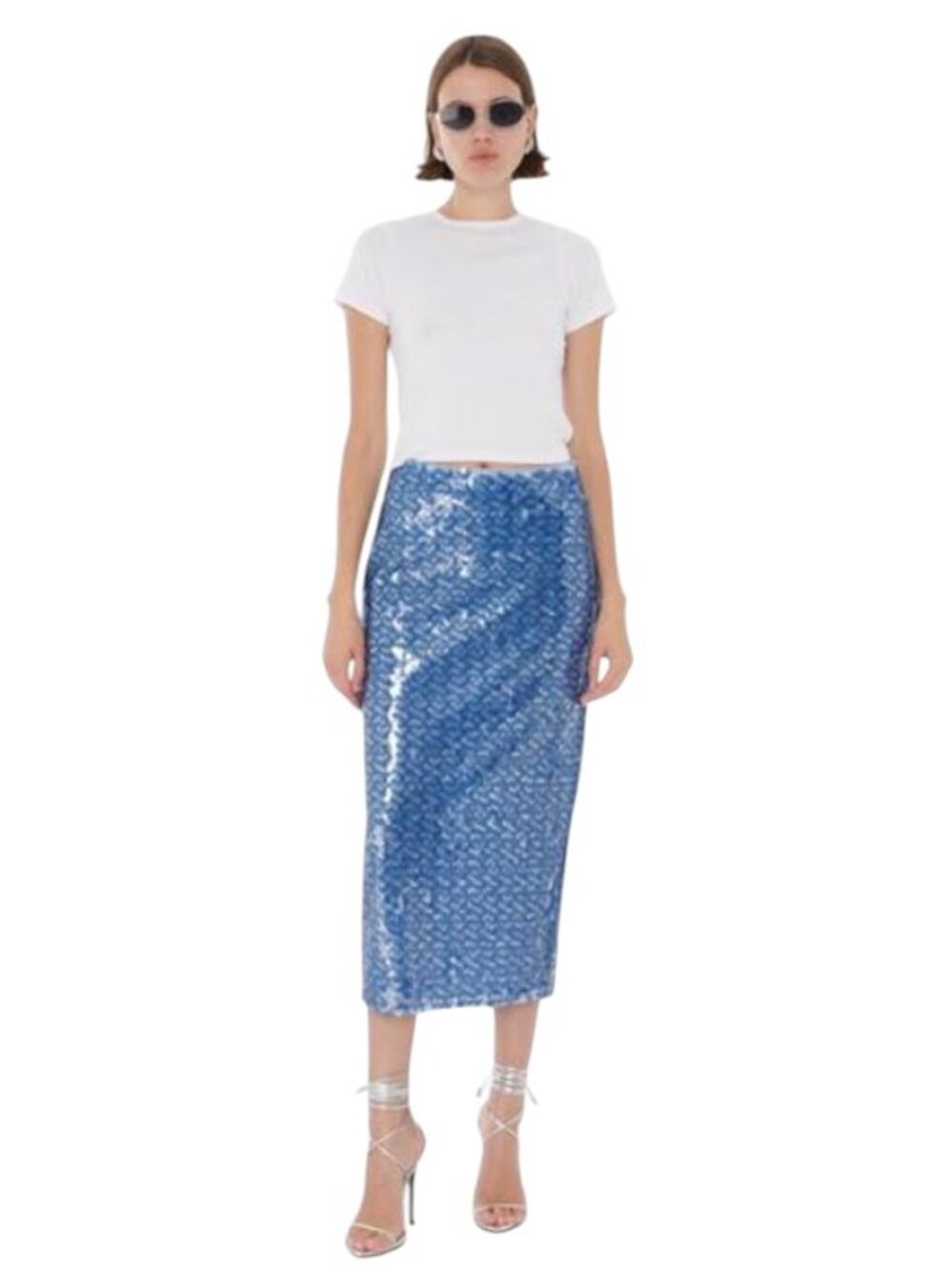 Toccin Blue Leilani Sequined Back Slit Pencil Midi Skirt